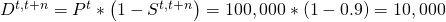 \matrix{ {{D^{t,t + n}}} \hfill & = \hfill & {{P^t}*\left( {1 - {S^{t,t + n}}} \right)} \hfill \cr {} \hfill & = \hfill & {100,000*(1 - 0.9)} \hfill \cr {} \hfill & = \hfill & {10,000} \hfill \cr }