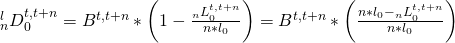 \matrix{ {{}_n^lD_0^{t,t + n}} \hfill & = \hfill & {{B^{t,t + n}}*\left( {1 - {{{}_nL_0^{t,t + n}} \over {n*{l_0}}}} \right)} \hfill \cr {} \hfill & = \hfill & {{B^{t,t + n}}*\left( {{{n*{l_0} - {}_nL_0^{t,t + n}} \over {n*{l_0}}}} \right)} \hfill \cr }