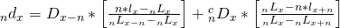 \matrix{ {{}_n{d_x}} \hfill & = \hfill & {{D_{x - n}}*\left[ {{{n*{l_x} - {}_n{L_x}} \over {{}_n{L_{x - n}} - {}_n{L_x}}}} \right] + {}_n^c{D_x}*\left[ {{{{}_n{L_x} - n*{l_{x + n}}} \over {{}_n{L_x} - {}_n{L_{x + n}}}}} \right]} \hfill \cr }